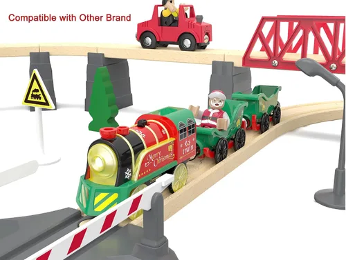 Vista 4 de Juego de tren eléctrico para pistas de madera, juguete de trenes a batería con luces y sonidos para niños pequeños, tren motorizado para niños