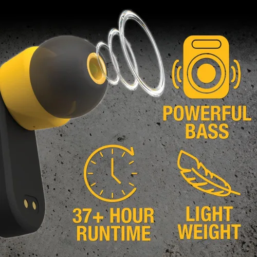 Vista 2 de DEWALT Audífonos inalámbricos verdaderos de alta resistencia, auriculares Bluetooth con estuche de carga tipo C incluido, 37 horas de duración