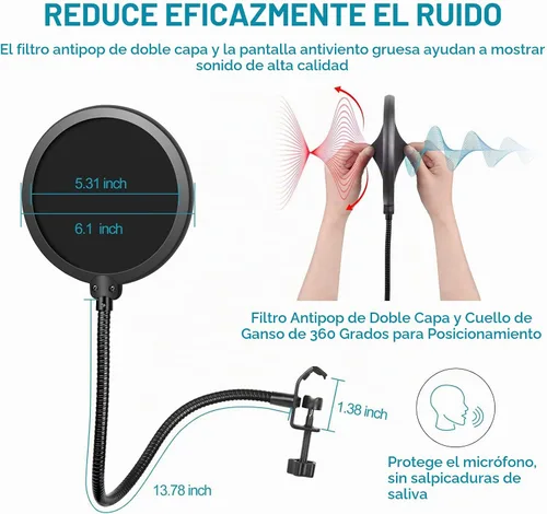 Vista 4 de Brazo de brazo, brazo de micrófono ajustable con 2 clips y filtro pop, escritorio con soporte de micrófono con adaptador de 3/8 a 5/8 pulgadas