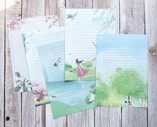Vista 3 de 50 papeles de papelería de escritura, papel de papelería rayado para escribir cartas, notas, invitaciones, manualidades, 5 estilos diferentes
