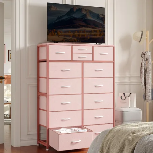 Vista 7 de EnHomee - Cómoda rosa de 52.2 pulgadas de alto para dormitorio, torre de almacenamiento vertical, anti-punta