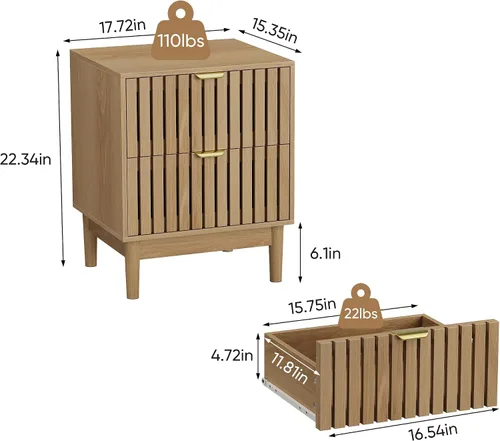 Vista 2 de Juego de 2 mesitas de noche de madera, moderna mesita de noche con diseño de rejilla, mesa auxiliar con 2 cajones de almacenamiento para sala