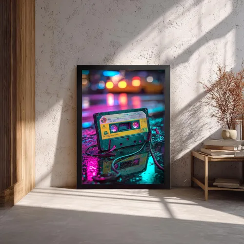 Vista 5 de Cinta de casete de audio retro y arte en lienzo de Walkman, fotografía de neón de la nostalgia musical de los años 80, decoración de pared