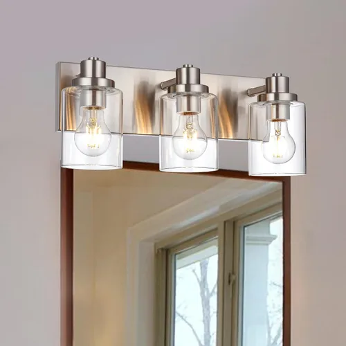 Vista 9 de Lámpara de tocador de baño de 3 luces de níquel cepillado, accesorios de iluminación sobre espejo con pantalla de vidrio transparente, modernos