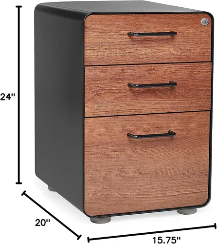 Vista 2 de Poppin Archivador de 3 cajones, color negro + nogal, 2 cajones utilitarios y 1 cajón para colgar, totalmente pintado por dentro y por fuera, acero