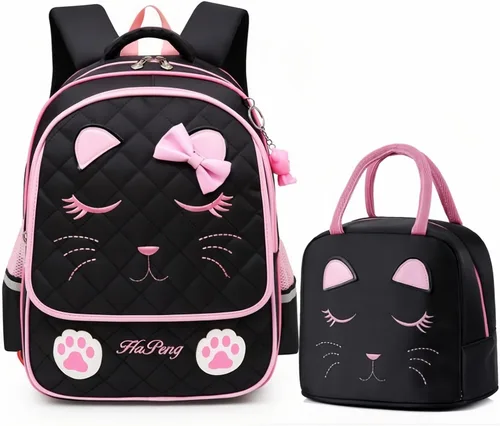 Vista 8 de Juego de 2 mochilas escolares con lazos para niñas y estudiantes, diseño de princesa para escuela primaria, 2pcs Negro-s, 2Pcs BagSet S