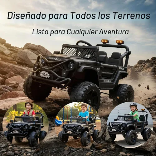Vista 3 de Vehículo de 12 V para niños estilo Jeep con control remoto, música e historias Bluetooth, faros LED, absorción de golpes, puertas dobles con Negro