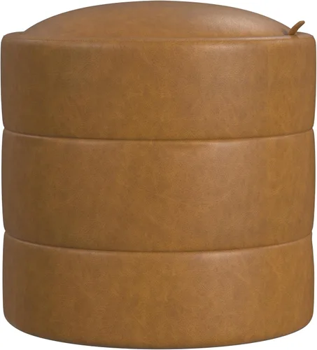 Vista 22 de HomePop Otomana redonda tapizada de piel sintética (sin tapa, solo asiento) HomePop Decoración para el hogar Pouf redondo para reposapiés – Piel