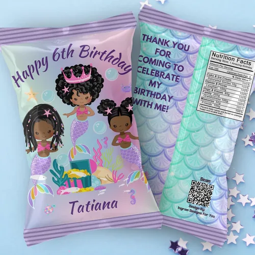Vista 2 de Recuerdo de fiesta personalizado de sirena negra, suministros de fiesta de sirena para fiesta de cumpleaños de niña (12 bolsas de papas fritas)