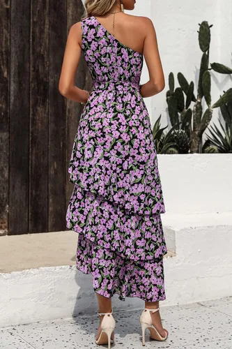 Vista 5 de PRETTYGARDEN Vestido de verano floral para mujer, casual, de un hombro, escalonado, con volantes, a media pierna, vestido bohemio para la playa