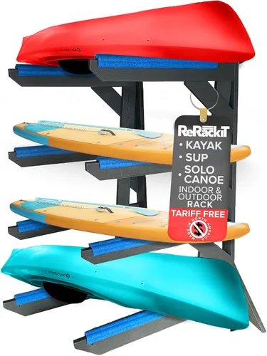 Vista 10 de ReRackiT - Poly Kayak Storage Rack - 2-4 Level Freestanding Kayak Racks for Outdoor Storage, Garage Or Indoors - Heavy Duty Adjustable Length Holder