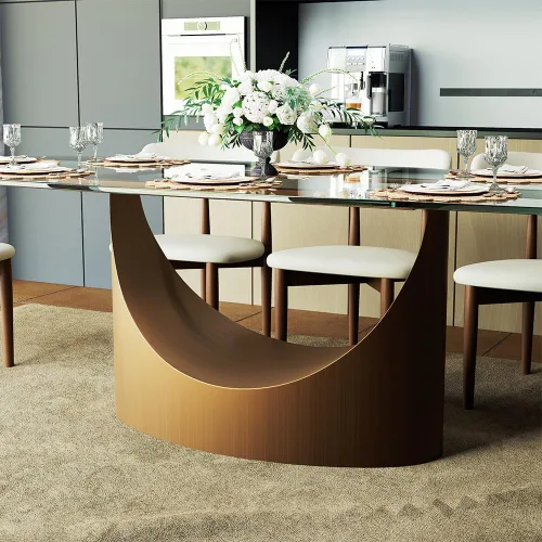 Vista 7 de POVISON Mesa de comedor de cristal de 79" para 6-8, mesa de comedor rectangular moderna, mesa de cristal templado con base de bronce en forma de U