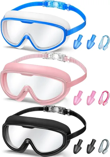 Vista 12 de Konohan Paquete de 3 gafas de natación para adultos, gafas anchas sin fugas, antiniebla, con clips para la nariz, tapones para los oídos