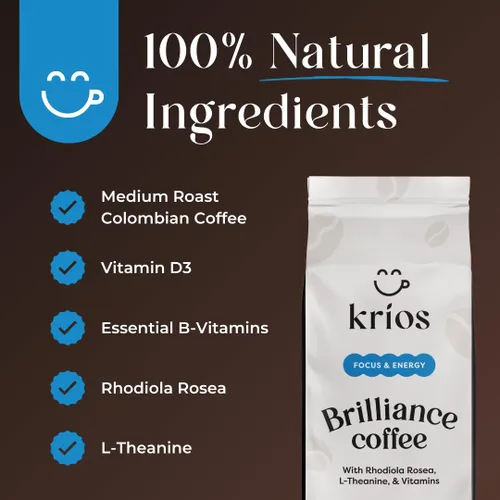Vista 5 de Krios Coffee Brilliance Café molido, mejora la energía y el enfoque con vitaminas esenciales, L-teanina y rodiola rosa, tostado medio, suave, bolsa