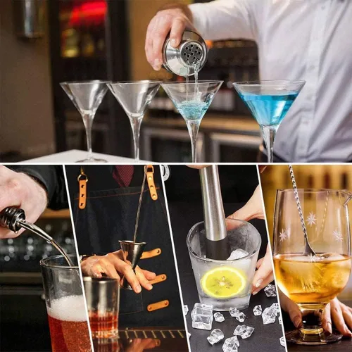 Vista 4 de Kit de coctelera de 17 piezas con soporte, coctelera Boston, cuchara mezcladora, Muddler, jigger medidor, exprimidor de limón, pinzas, sacacorchos