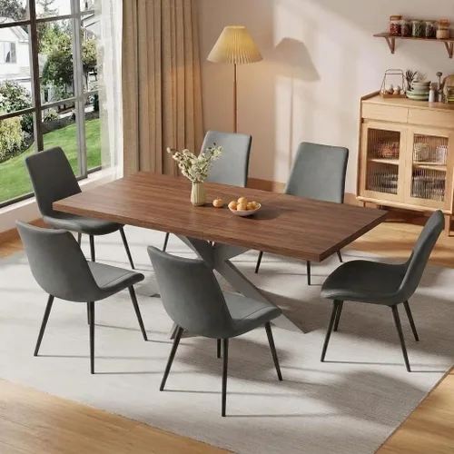 Vista 33 de 6-Piece Extendable Dining Table Set, Modern 63''–79'' Grey Wood Table with 6 Grey Fabric Chairs, Dining Room Table and Chairs for 6, Ideal for 1