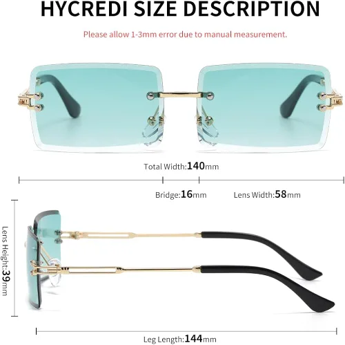 Vista 3 de KAMMPT Gafas de sol sin montura para mujeres y hombres lentes teñidas de metal dorado sin marco unisex rectángulo lentes