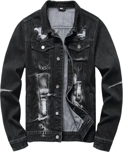 Vista 14 de LAMKUKU Chaqueta de mezclilla para hombre rasgada ajustada, abrigo de chaqueta vaquera para hombres