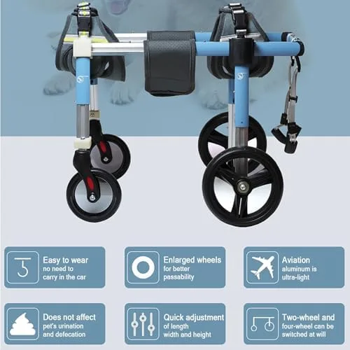 Vista 2 de Silla de ruedas ajustable de 4 ruedas para perro, ayuda para la movilidad de las piernas traseras para perros, soporte completo para patas Azul