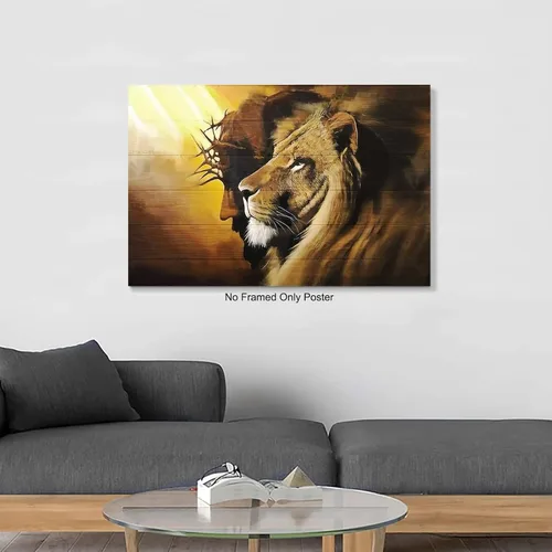 Vista 2 de Mislojade Lienzo decorativo para pared, diseño de león de Judá, pinturas negras de Jesús, decoración para sala de estar, póster e impresiones