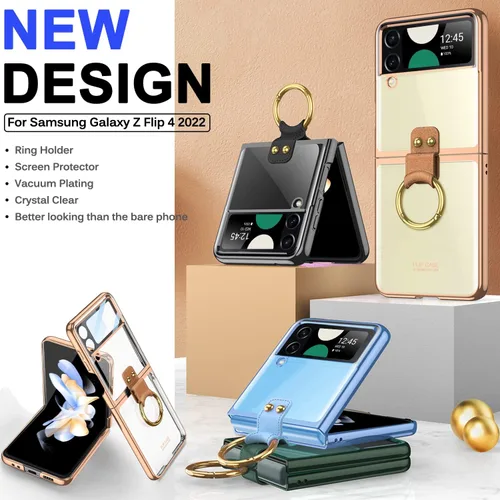 Vista 2 de Miimall Funda para Samsung Galaxy Z Flip 4 con soporte de anillo, Z Flip 4 con protector de pantalla de cámara de vidrio templado, funda