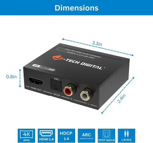 Vista 5 de J-Tech Digital Extractor de audio HDMI 4K 60Hz HDMI a óptico SPDIF + RCA, compatible con HDMI ARC Dolby Digital DTS CEC HDCP 1.4 [JTD4KATSW]