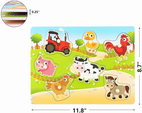 Vista 2 de Rompecabezas de madera con diseño de granja para bebés, imágenes a todo color para preescolar, 7 piezas