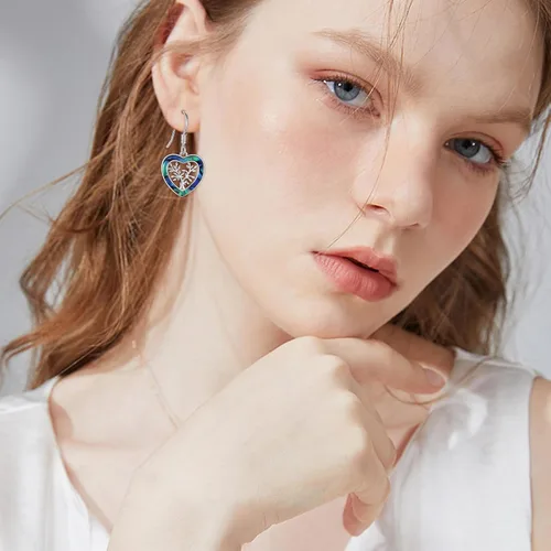 Vista 6 de Aretes de plata de ley 925 con forma de árbol de la vida, con forma de corazón de abulón, árbol genealógico, joyería de corazón para mujer, Plata