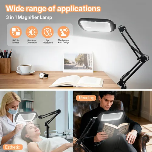 Vista 4 de Lupa de piso extra grande de 30 x 10 veces con luz y soporte, lámpara de aumento ajustable 3 en 1 con lente rectangular de 6.3 x 4.3 pulgadas