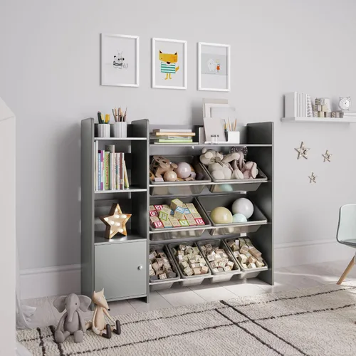 Vista 7 de Sturdis Organizador de almacenamiento de juguetes con estantería, estantería de organización de sala de juegos para niños con contenedores de Gris