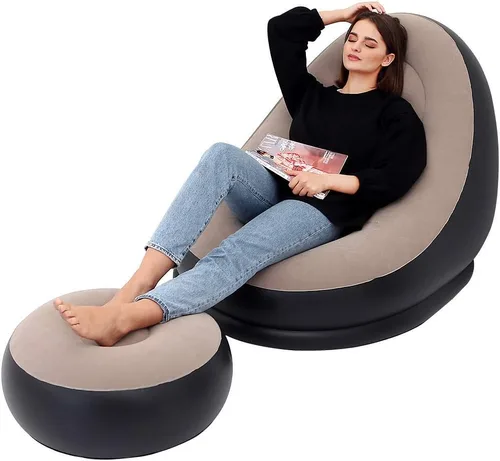 Vista 4 de Sofá inflable de ocio y reposapiés plegable al aire libre, tumbona sofá flocado (caqui)