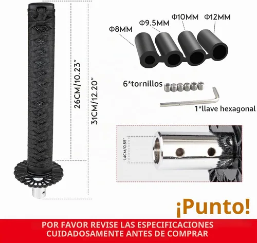 Vista 3 de Pomo de palanca de cambios estilo Katana, espada Samurái, universal para autos manuales con adaptadores, negro (26 cm)