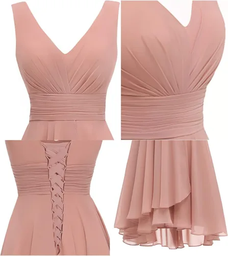 Vista 4 de ChongXiao Vestido de dama de honor corto de gasa con cuello en V y cintura fruncida para mujer, vestido corto de dama de honor CX129, Fucsia