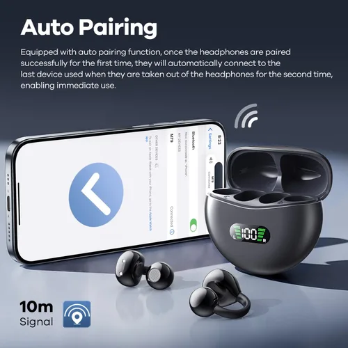 Vista 6 de Auriculares inalámbricos abiertos con clip de oreja con pantalla digital LED, estuche de carga, control táctil, Bluetooth 5.4, conducción de aire