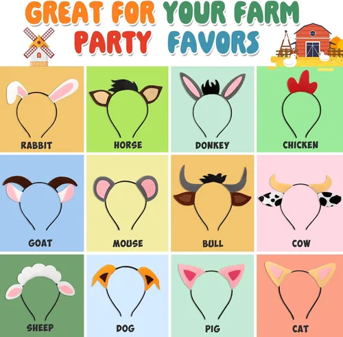 Vista 2 de CiyvoLyeen Puppy Dog, Farm Animals Ear Headbands, for Birthday Party Decoration, Zoo Farmhouse Birthday Party Favors Supplies