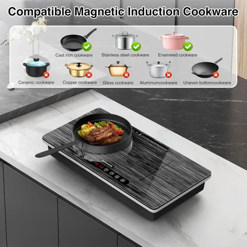 Vista 3 de Placa de inducción portátil de 2 quemadores, quemador de inducción doble de 1800 W con control táctil, temporizador y bloqueo de seguridad, estufa