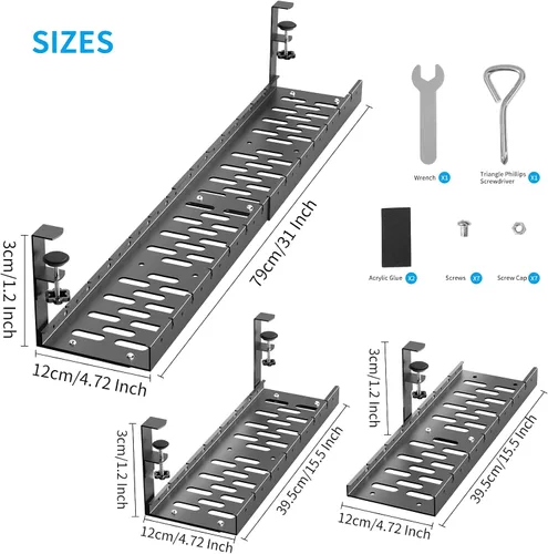 Vista 4 de Bandeja de gestión de cables extensible de 31 pulgadas para debajo del escritorio, bandeja de gestión de cables de metal debajo del escritorio