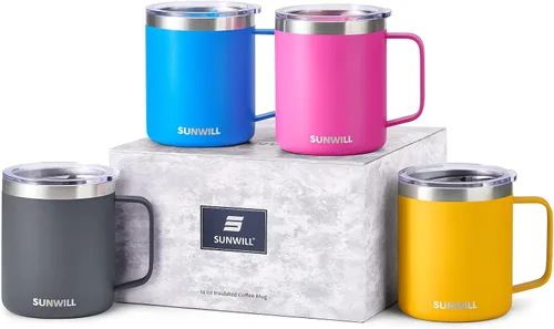 Vista 24 de SUNWILL - Taza de café de viaje con tapa, taza aislada con asa, taza de acero inoxidable de 14 oz para hielo, agua, té, color oro rosa