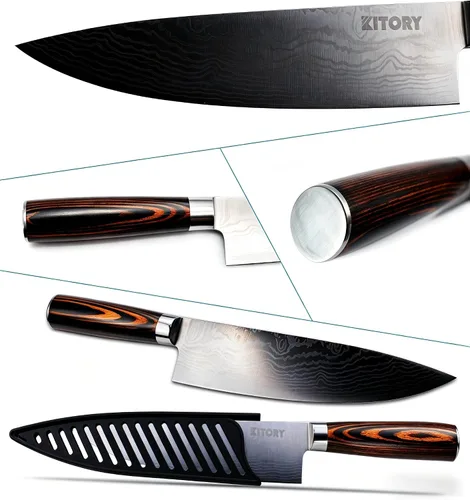 Vista 2 de Cuchillo de chef profesional de 8 pulgadas con funda, acero inoxidable alemán de alto carbono ultra afilado, cuchillos de chef con mango ergonómico