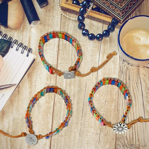 Vista 4 de Hicarer 3 pulseras de 7 chakras para mujeres y hombres, piedra natural, cuero envolvente, pulseras de cuentas curativas, piedras curativas, regalos