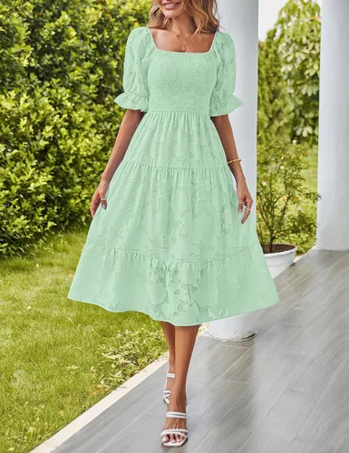 Vista 5 de MEROKEETY Vestido midi escalonado de verano para mujer, manga corta abombada, cuello cuadrado, floral, texturizado, escalonado