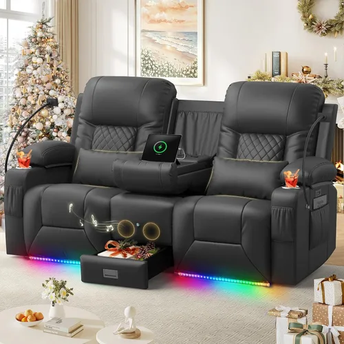 Vista 14 de YONISEE Juego de muebles de sala de estar, sofá biplaza reclinable de 2 plazas y silla reclinable giratoria de 360° con masaje, sofá reclinable