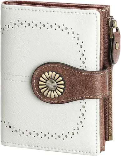 Vista 20 de SENDEFN - Billetera pequeña para mujer de cuero con doble solapa, portatarjetas con bloqueo RFID, bolsillo con cremallera para monedas 1-cera-rosa