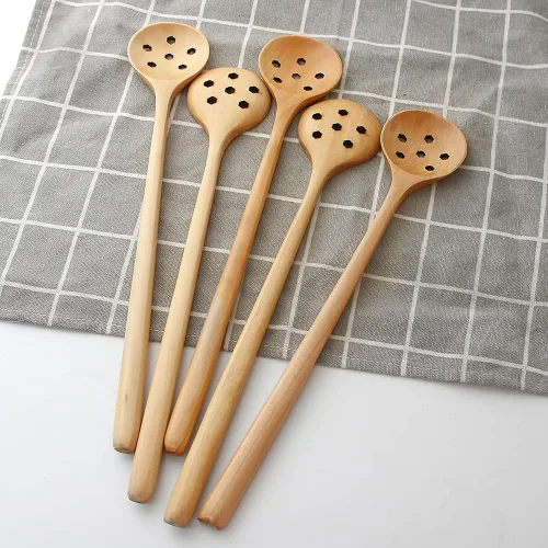 Vista 4 de 1 cuchara de madera de olivo, 11 pulgadas, estilo coreano, mango largo, cucharas redondas ranuradas de madera para mermelada de oliva