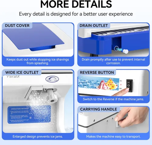 Vista 5 de Trituradora de hielo eléctrica, máquina de hacer cono de nieve de 250 W, grosor ajustable de 265 libras/hora para bar, fiestas, eventos, aperitivos