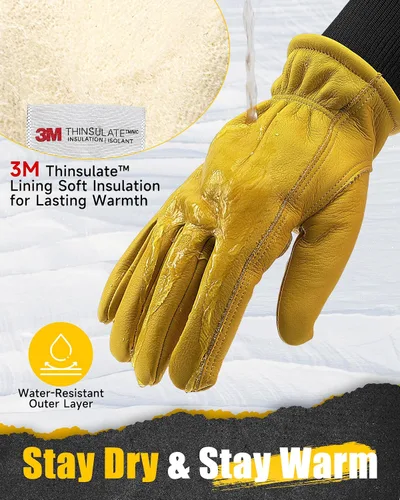 Vista 3 de DULFINE Winter Insulated Cowhide Leather Work Gloves for Men and Women 1 Pair, Thermal 3M Thinsulate Lining, Ideal for Cold Weather Outdoor Work