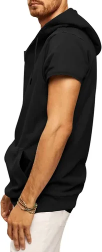 Vista 4 de Camiseta deportiva con capucha para hombre, manga corta, con cordón, con capucha, fitness, entrenamiento, culturismo, musculación