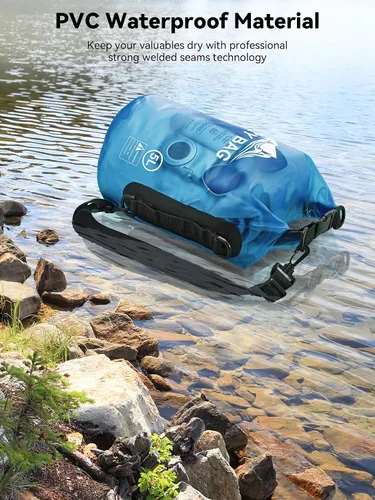 Vista 2 de HEETA Bolsa seca impermeable para mujeres y hombres (azul transparente de 5 litros) con paquete de 2 bolsas impermeables con correa ajustable