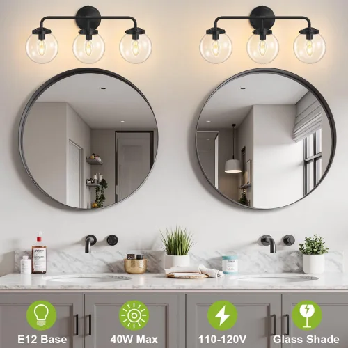 Vista 3 de Lámparas de Tocador de Baño Negras Sobre Espejo, Aplique de Pared Moderno Negro Mate de 3 Luces con Pantalla de Bola de Vidrio Transparente, Luces