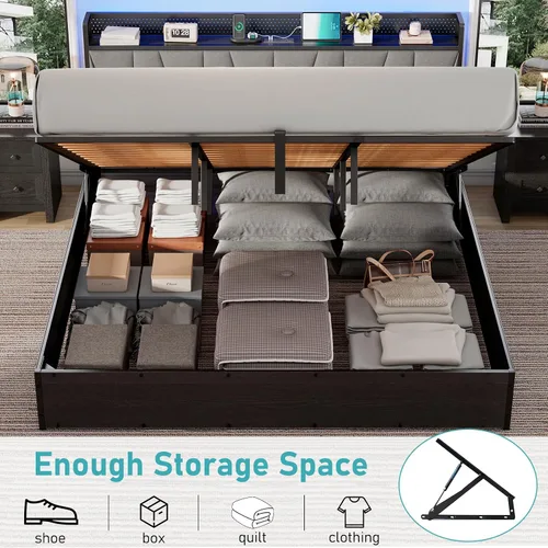 Vista 3 de LUXOAK Marco de cama de almacenamiento elevable tamaño King con luces LED, cabecera tapizada de lino con estación de carga, marco de cama de Negro